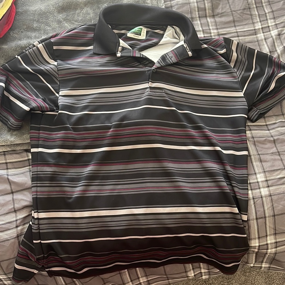 L Ben Hogan golf polo. Black with pink and grey stripes
